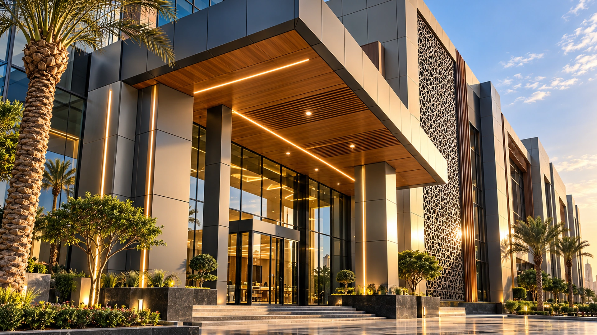 واجهة معمارية حديثة مكسوة بألواح كلادينج